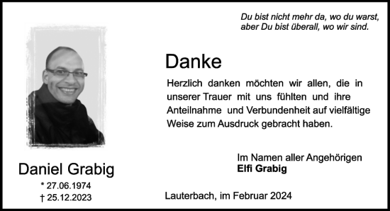 Traueranzeige von Daniel Grabig von Lauterbacher Anzeiger, Lauterbacher Anzeiger