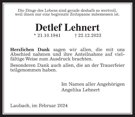 Traueranzeige von Detlef Lehnert von Laubacher Anzeiger