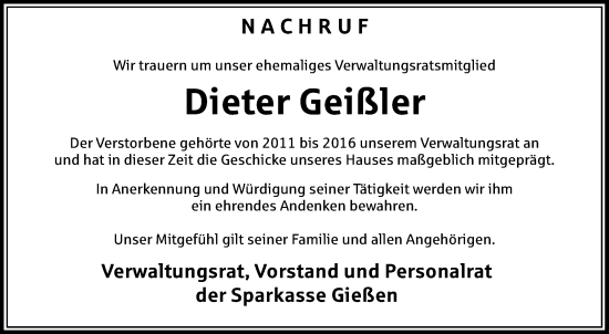 Traueranzeige von Dieter Geißler von Giessener Allgemeine, Alsfelder Allgemeine, Giessener Anzeiger