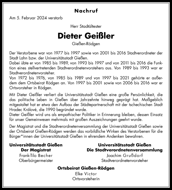 Traueranzeige von Dieter Geißler von Alsfelder Allgemeine, Giessener Anzeiger, Giessener Allgemeine