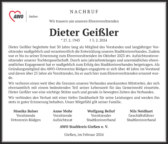 Traueranzeige von Dieter Geißler von Alsfelder Allgemeine, Giessener Anzeiger, Giessener Allgemeine