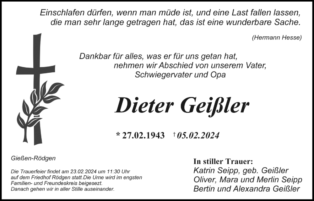  Traueranzeige für Dieter Geißler vom 17.02.2024 aus Alsfelder Allgemeine, Giessener Anzeiger, Giessener Allgemeine