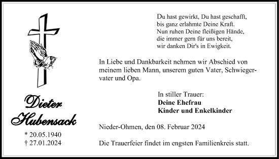Traueranzeige von Dieter Hubensack von Giessener Allgemeine, Alsfelder Allgemeine
