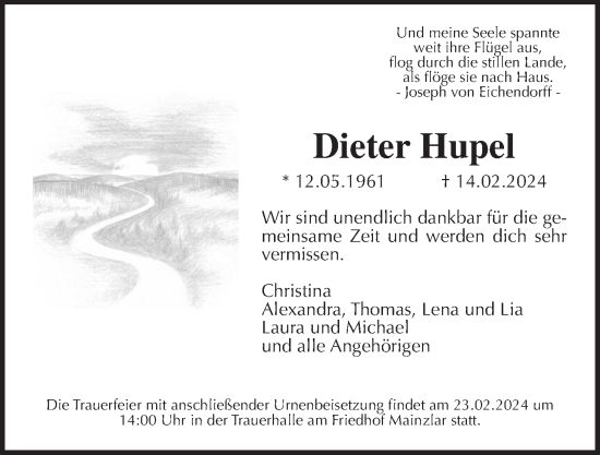 Traueranzeige von Dieter Hupel von Giessener Allgemeine, Alsfelder Allgemeine