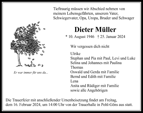 Traueranzeige von Dieter Müller von Butzbacher Zeitung