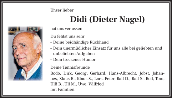 Traueranzeige von Dieter Nagel von Alsfelder Allgemeine, Giessener Anzeiger, Giessener Allgemeine