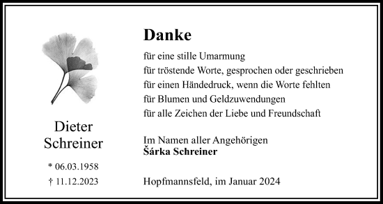 Traueranzeige von Dieter Schreiner von Lauterbacher Anzeiger