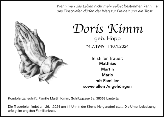 Traueranzeige von Doris Kimm von Lauterbacher Anzeiger, Oberhessische Zeitung