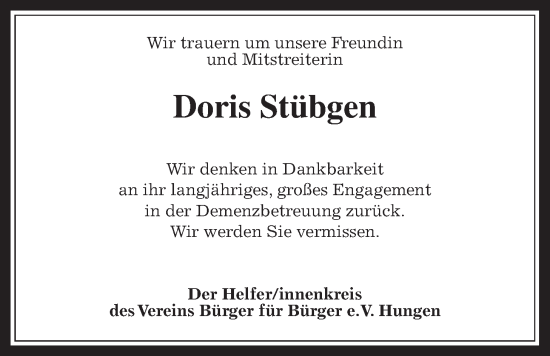 Traueranzeige von Doris Stübgen von Licher Wochenblatt