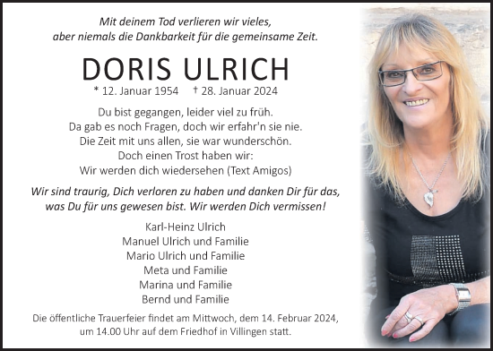 Traueranzeige von Doris Ulrich von Giessener Allgemeine, Alsfelder Allgemeine