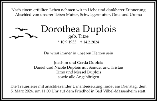 Traueranzeige von Dorothea Duplois von Karbener Zeitung, Bad Vilbeler Anzeiger