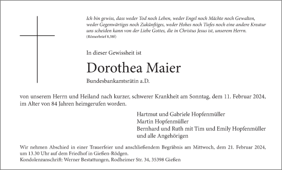 Traueranzeige von Dorothea Maier von Alsfelder Allgemeine, Giessener Anzeiger, Giessener Allgemeine
