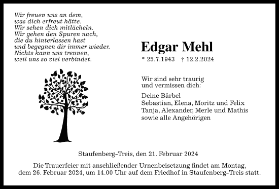 Traueranzeige von Edgar Mehl von Giessener Allgemeine, Alsfelder Allgemeine, Giessener Anzeiger
