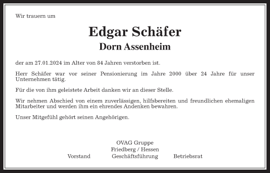 Traueranzeige von Edgar Schäfer von Wetterauer Zeitung