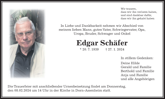 Traueranzeige von Edgar Schäfer von Wetterauer Zeitung