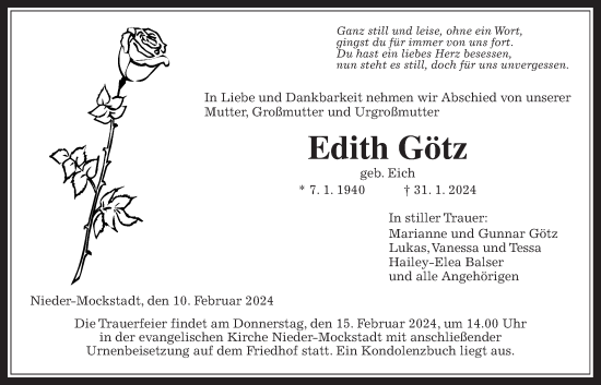 Traueranzeige von Edith Götz von Kreis-Anzeiger