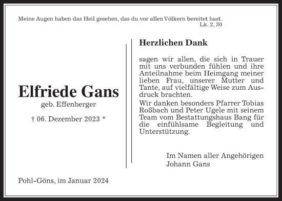 Traueranzeige von Elfriede Gans von Butzbacher Zeitung