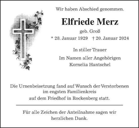 Traueranzeige von Elfriede Merz von Butzbacher Zeitung