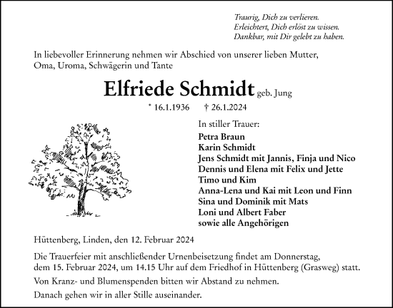Traueranzeige von Elfriede Schmidt von Giessener Anzeiger, Giessener Allgemeine, Alsfelder Allgemeine