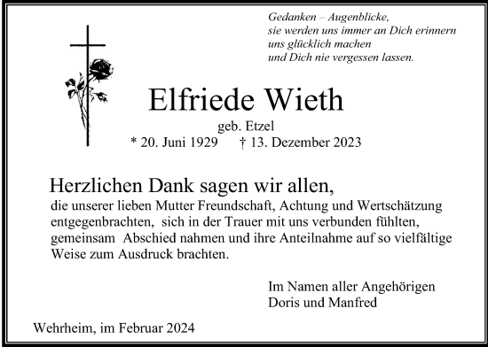 Traueranzeige von Elfriede Wieth von Usinger Anzeiger