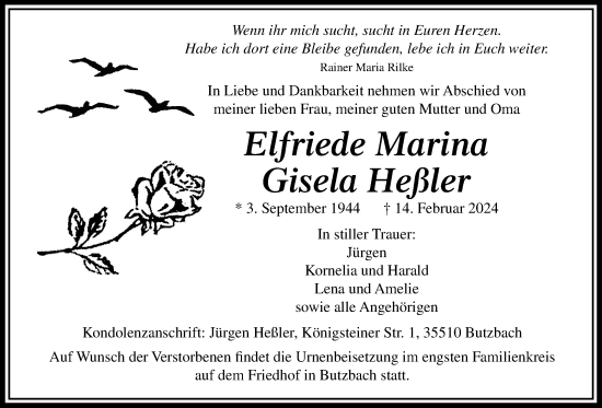 Traueranzeige von Elfriede Marina Gisela Heßler von Butzbacher Zeitung