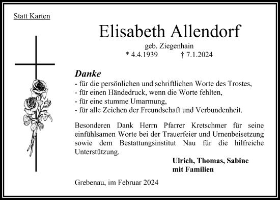 Traueranzeige von Elisabeth Allendorf von Oberhessische Zeitung, Oberhessische Zeitung