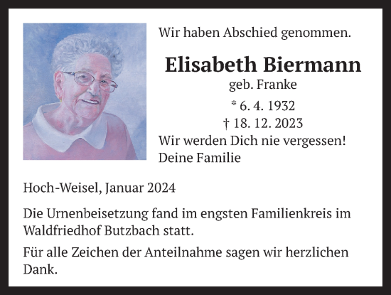Traueranzeige von Elisabeth Biermann von Butzbacher Zeitung