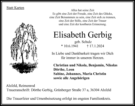 Traueranzeige von Elisabeth Gerbig von Oberhessische Zeitung