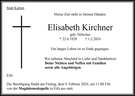 Traueranzeige von Elisabeth Kirchner von Oberhessische Zeitung