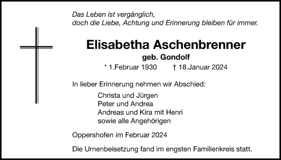Traueranzeige von Elisabetha Aschenbrenner von Butzbacher Zeitung