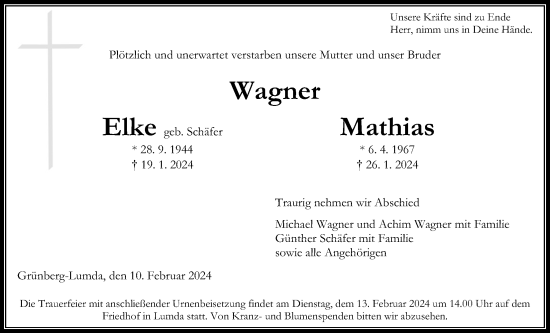 Traueranzeige von Elke Wagner von Giessener Allgemeine, Alsfelder Allgemeine