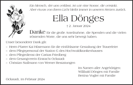 Traueranzeige von Ella Dönges von Wetterauer Zeitung