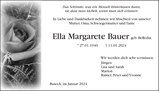 Traueranzeige von Ella Margarete Bauer von Giessener Allgemeine, Alsfelder Allgemeine