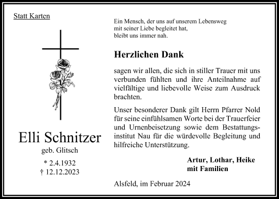 Traueranzeige von Elli Schnitzer von Oberhessische Zeitung