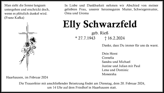 Traueranzeige von Elly Schwarzfeld von Giessener Allgemeine, Alsfelder Allgemeine