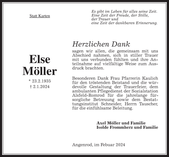 Traueranzeige von Else Möller von Oberhessische Zeitung, Alsfelder Allgemeine, Oberhessische Zeitung