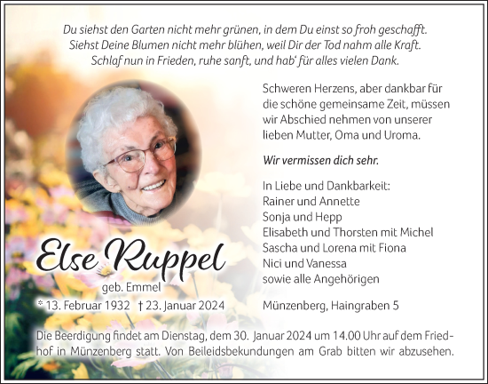 Traueranzeige von Else Ruppel von Butzbacher Zeitung