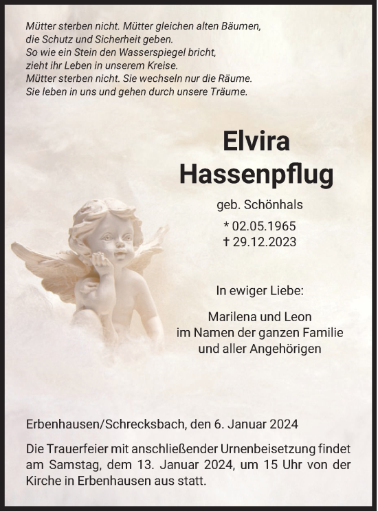 Traueranzeige von Elvira Hassenpflug von Alsfelder Allgemeine, Oberhessische Zeitung