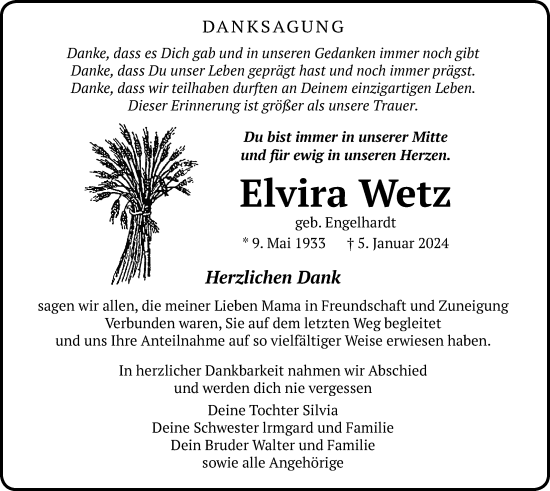 Traueranzeige von Elvira Wetz von Butzbacher Zeitung
