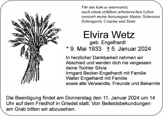 Traueranzeige von Elvira Wetz von Butzbacher Zeitung