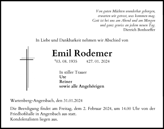 Traueranzeige von Emil Rodemer von Lauterbacher Anzeiger