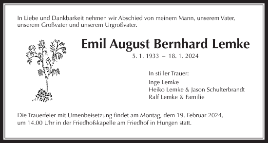 Traueranzeige von Emil August Bernhard Lemke von Licher Wochenblatt