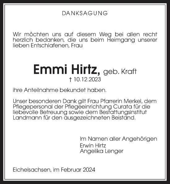 Traueranzeige von Emmi Hirtz von Kreis-Anzeiger