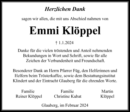 Traueranzeige von Emmi Klöppel von Kreis-Anzeiger