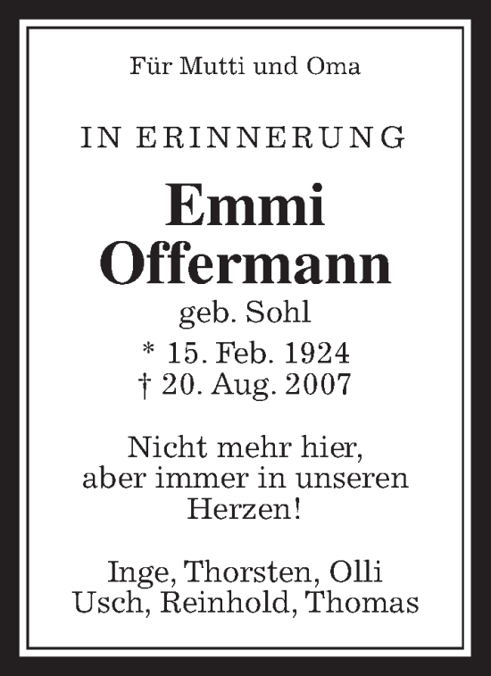 Traueranzeige von Emmi Offermann von Wetterauer Zeitung