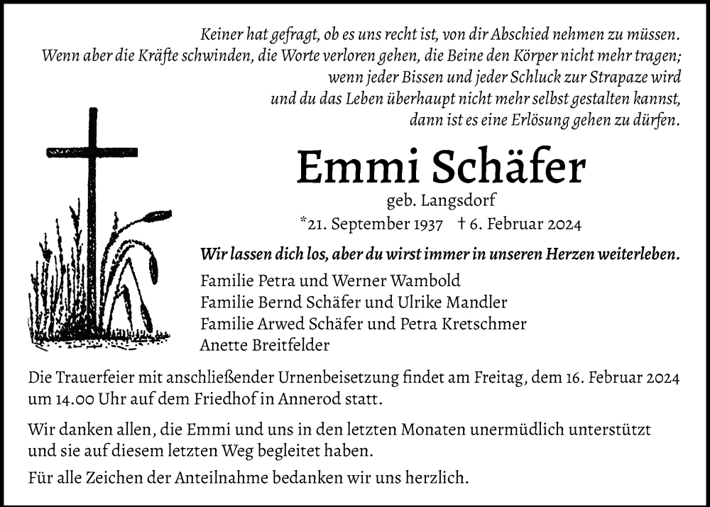  Traueranzeige für Emmi Schäfer vom 10.02.2024 aus Giessener Anzeiger, Giessener Allgemeine, Alsfelder Allgemeine