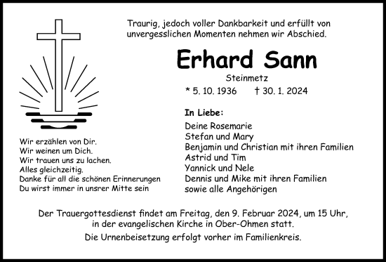 Traueranzeige von Erhard Sann von Giessener Allgemeine, Alsfelder Allgemeine