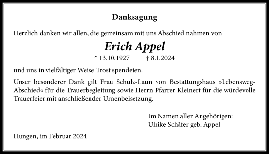 Traueranzeige von Erich Appel von Licher Wochenblatt