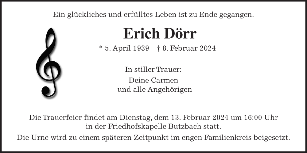  Traueranzeige für Erich Dörr vom 10.02.2024 aus Wetterauer Zeitung, Giessener Allgemeine, Alsfelder Allgemeine, Butzbacher Zeitung