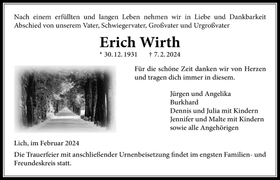 Traueranzeige von Erich Wirth von Licher Wochenblatt
